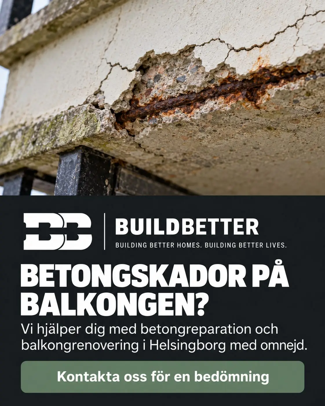 Instagram-inlägg från BuildBetter: Betongskador på balkongen? Betongreparation i Helsingborg.