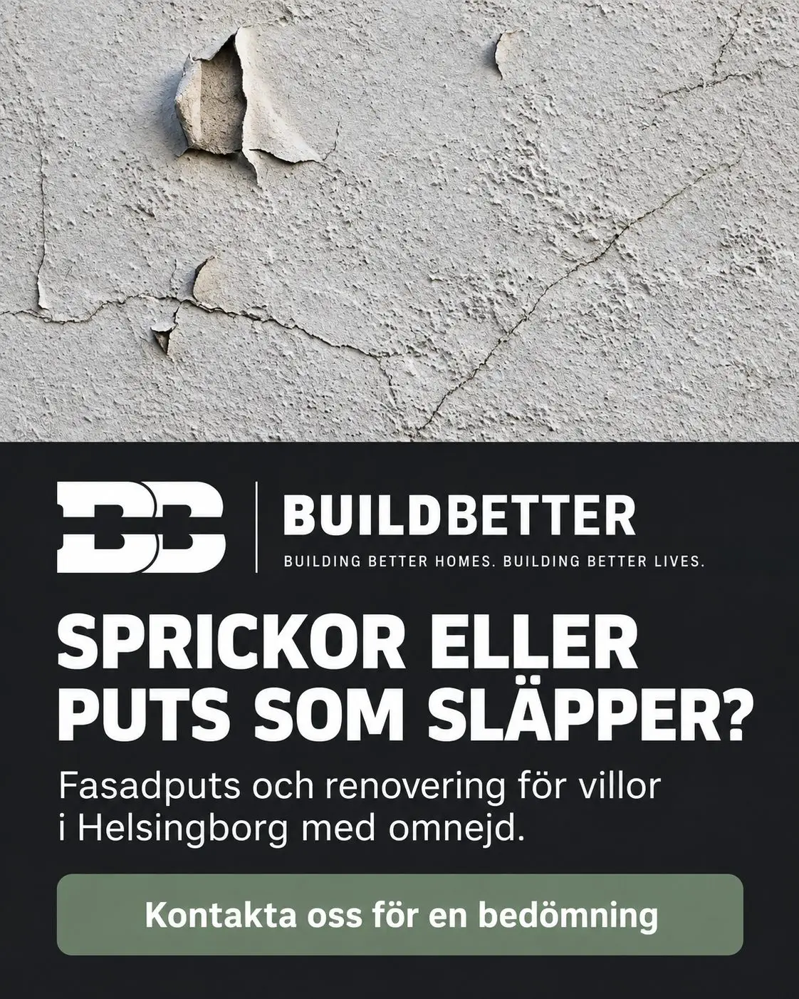 Instagram-inlägg från BuildBetter: Sprickor eller puts som släpper? Fasadputs och renovering i Helsingborg.